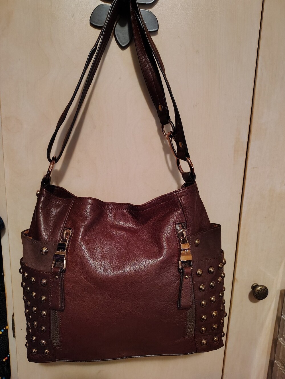 B Makowsky Brandy/Brown Studded Leather Shoulder/Crossbody Handbag